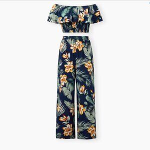 Women Tropical Floral Ruffle Off Shoulder Smocking Top and Pants Set S, M, L, XL